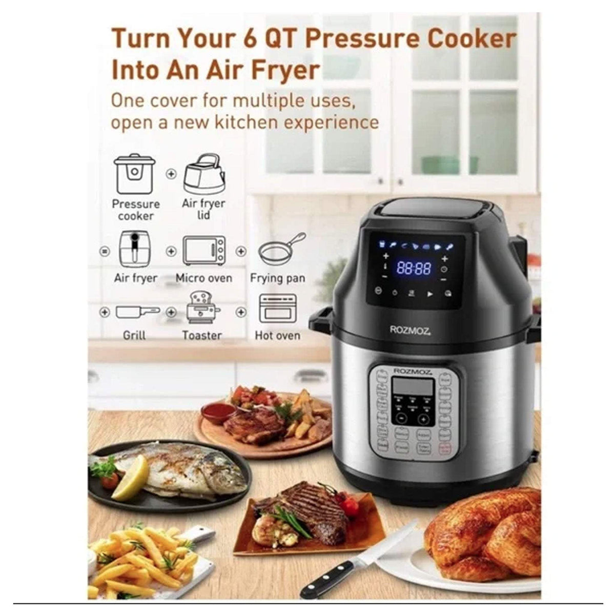 Rozmoz roaster pressure cooker air fryer instant pot lid black Qt