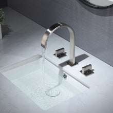 Cargar imagen en el visor de la galería, Brushed Nickel Waterfall Widespread Bathroom Basin Faucet with Two Handles and Overflow Brass Pop-Up Drain