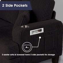 Load image into Gallery viewer, Black 3 Piece Set Comfy Sofa Couch 3-Seater & Loveseat Sofa with Storage Ottoman for Living Room with USB, Side Pockets, Pillows included