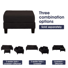 Load image into Gallery viewer, Black 3 Piece Set Comfy Sofa Couch 3-Seater & Loveseat Sofa with Storage Ottoman for Living Room with USB, Side Pockets, Pillows included