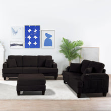Load image into Gallery viewer, Black 3 Piece Set Comfy Sofa Couch 3-Seater & Loveseat Sofa with Storage Ottoman for Living Room with USB, Side Pockets, Pillows included