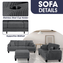 Load image into Gallery viewer, Dark Gray 3 Piece Set Comfy Sofa Couch 3-Seater & Loveseat Sofa with Storage Ottoman for Living Room with USB, Side Pockets, Pillows included
