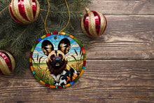 Carregar imagem no visualizador da galeria, Savannah's Wild Dog Stained Glass Style Ceramic Ornament, Safari Animals Christmas Gift and Decor