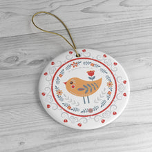 Load image into Gallery viewer, Scandinavian Yellow Bird Christmas Ornament, Ethnic Floral Pattern, Folk Illustration