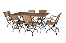 Carregar imagem no visualizador da galeria, Seven Piece Dining Set with 32 x 72" African Teak Slat Top Table and Four Side Chairs and 2 Armchairs