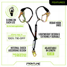 Load image into Gallery viewer, Frontline LPO62RADJ Combat 6' Tie-Back Double Leg Shock Absorbing Lanyard with Rebar Hooks