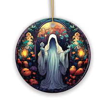 Carregar imagem no visualizador da galeria, Spectral Shivers Hauntingly Scary Ghost Stained Glass Style Ceramic Ornament, Halloween Themed Christmas Gift