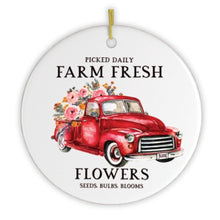 Load image into Gallery viewer, Artistic Red Truck and Farm Flowers Christmas Ornament