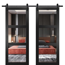 Cargar imagen en el visor de la galería, Lucia 2555 Matte Black Double Barn Door with Clear Glass 3 Lites | Black Rail