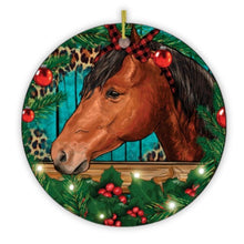 Load image into Gallery viewer, Elegant Brown Horse in Christmas Wreath Ornament