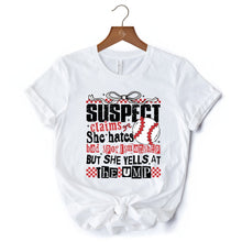 Load image into Gallery viewer, Baseball Suspect Claims Fun T-Shirt, Retro White and Natural Tee With Coquette Bow