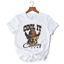Load image into Gallery viewer, Cool It Cowboy T-Shirt With Western Dog, Retro Golden Retriever White and Natural Tee for Country Lover