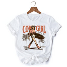 Load image into Gallery viewer, Cowgirl Summer Surf T-Shirt, Retro Western Beach White and Natural Tee for Free-Spirited Women