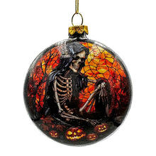 Load image into Gallery viewer, Creepy Stained Glass Skeleton and Raven Haunted Ornament, Halloween Horror and Christmas Tree Decor