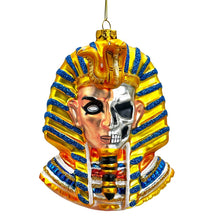 Carregar imagem no visualizador da galeria, Evil Egyptian Pharoah Half Skull Head Glass Ornament, Gothic Halloween Tree Decor
