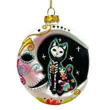 Carregar imagem no visualizador da galeria, Folkloric Siamese Cat Sugar Skull Glass Ornament, Celestial Crescent Moon Halloween Decor