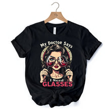 Carregar imagem no visualizador da galeria, I Need Glasses Funny Wine T-Shirt, Retro Glam Black Tee for Stylish and Witty Women