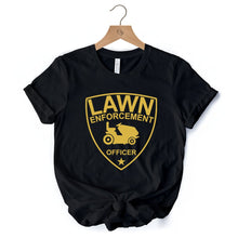 Carregar imagem no visualizador da galeria, Lawn Enforcement Officer T-Shirt, Funny Badge Style Navy and Black Tee for Lawn Mower Gardener Dad