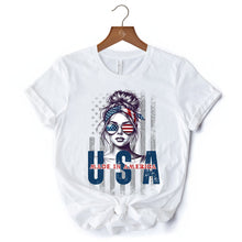 Carregar imagem no visualizador da galeria, Made in America Messy Bun T-Shirt, Retro 4th of July White Patriotic Tee