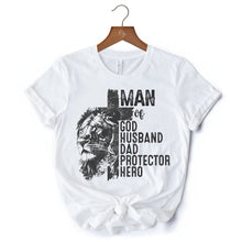 Carregar imagem no visualizador da galeria, Man of God Lion Cross T-Shirt, White Tee for Faithful and Christian Fathers