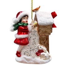 Carregar imagem no visualizador da galeria, (Pre-Order) Quaint Little Winter Girl Feeding the Birds Glass Christmas Ornament, Cardinal Birdhouse Tree Decor