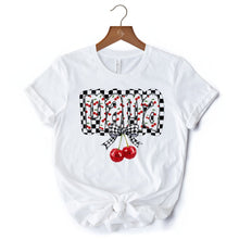 Cargar imagen en el visor de la galería, Checkered Cherry Disco Mama T-Shirt, White and Natural Coquette Bow Tee for Trendy Mothers