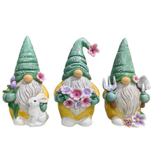 Carregar imagem no visualizador da galeria, Garden Guardians Set of Three 6" Gardening Gnome Figurines, Floral Green and Yellow Statue Decor