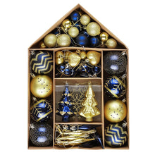 Carregar imagem no visualizador da galeria, Glam and Glittered Gold and Blue Elegant Christmas Ornament Set, 70 Assorted Balls, Trees, Snowflakes, and Royal Heart Pendants