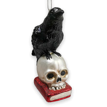 Carregar imagem no visualizador da galeria, Raven on Skull and Book Glass Ornament, Horror Edgar Allan Poe Decoration