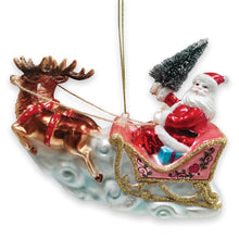 Load image into Gallery viewer, Santa Sleigh and Reindeer Elegant Christmas Ornament, Holiday Blown Glass Figurine