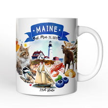 Load image into Gallery viewer, Artistic Maine State Themes and Landmarks Personalized Mug With Custom Name