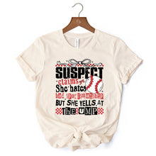 Load image into Gallery viewer, Baseball Suspect Claims Fun T-Shirt, Retro White and Natural Tee With Coquette Bow