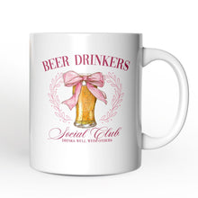 Load image into Gallery viewer, Beer Drinkers Social Club Personalized Mug, Coquette Pink Bow Gift with Custom Name for Girly Summer Bachelorette Vibes