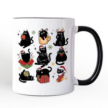 Cargar imagen en el visor de la galería, Christmas Black Cats Personalized Mug, Whimsical Cats with Santa Hat Gift with Custom Name