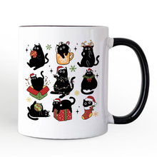 Cargar imagen en el visor de la galería, Christmas Black Cats Personalized Mug, Whimsical Cats with Santa Hat Gift with Custom Name