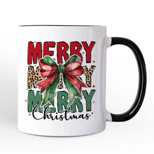 Load image into Gallery viewer, Coquette Merry Christmas Bow Personalized Mug, Festive Leopard Holiday Gift with Custom Name