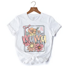 Cargar imagen en el visor de la galería, Floral Mama Coquette Bow Pastel T-Shirt, White and Natural Boho Tee With Spring Flower