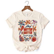 Carregar imagem no visualizador da galeria, Hey Batter Batter Swing T-Shirt, Retro White and Natural Baseball Tee with Floral Accents