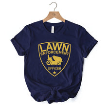 Carregar imagem no visualizador da galeria, Lawn Enforcement Officer T-Shirt, Funny Badge Style Navy and Black Tee for Lawn Mower Gardener Dad