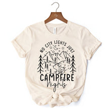Carregar imagem no visualizador da galeria, No City Lights Just Campfire Nights T-Shirt, White and Natural Camping Tee for Stargazing Campers