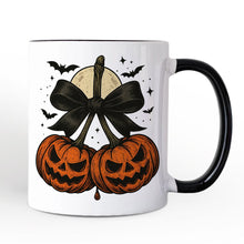 Carregar imagem no visualizador da galeria, Pumpkin Cherries Coquette Bow Personalized Mug, Retro Halloween Gift with Custom Name