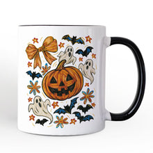Carregar imagem no visualizador da galeria, Pumpkin Ghosts Coquette Bow Personalized Mug, Retro Fall Spooky Gift with Custom Name