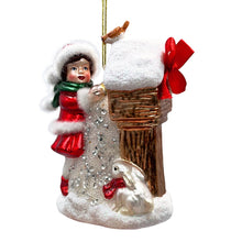 Carregar imagem no visualizador da galeria, (Pre-Order) Quaint Little Winter Girl Feeding the Birds Glass Christmas Ornament, Cardinal Birdhouse Tree Decor