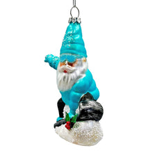 Load image into Gallery viewer, Snowboarding Gnome Glass Christmas Ornament, Winter Blue Aspen Tree Decor