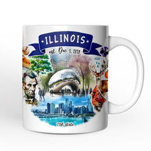 Load image into Gallery viewer, Artistic Illinois State Themes and Landmarks Personalized Mug With Custom Name