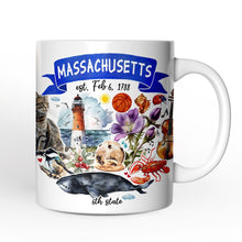Load image into Gallery viewer, Artistic Massachusetts State Themes and Landmarks Personalized Mug With Custom Name