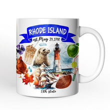 Load image into Gallery viewer, Artistic Rhode Island State Themes and Landmarks Personalized Mug With Custom Name