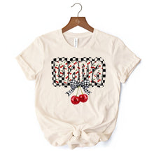 Cargar imagen en el visor de la galería, Checkered Cherry Disco Mama T-Shirt, White and Natural Coquette Bow Tee for Trendy Mothers