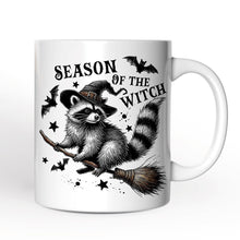 Carregar imagem no visualizador da galeria, Funny Racoon Witch with Broom Personalized Mug, Vintage Halloween Gift with Custom Name