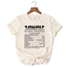 Carregar imagem no visualizador da galeria, Mom Nutritional Facts Funny T-Shirt, White and Natural Mom Life Tee for Exhausted and Caffeinated Mothers
